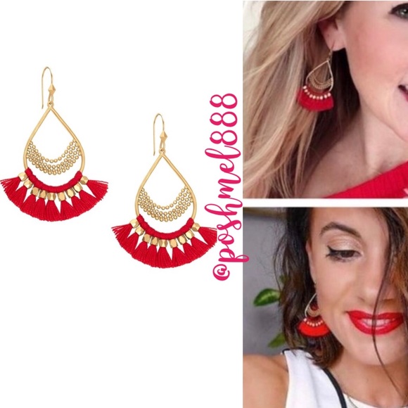 Stella & Dot Jewelry - Stella & Dot | Roman [RED] + Gold Beaded  Fringe Chandeliers Earrings